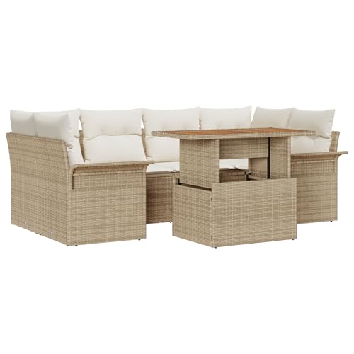 vidaXL 7-teiliges Garten-Sofa-Set mit Kissen Beige Poly Rattan Outdoor-Möbel Stylische Bequeme Sitzgelegenheiten Modulare Patio UV-Beständig Zweisitzer Dining von vidaXL