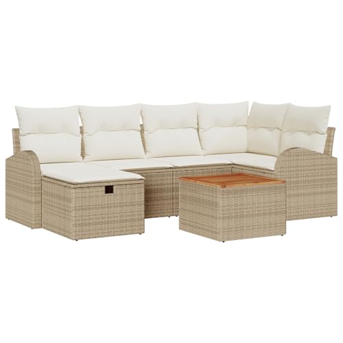 vidaXL 7-teiliges Garten-Sofa-Set mit Kissen Beige Poly Rattan Outdoor-Stauraum Sitzmöbel für Balkon Patio und UV-beständig wasserdichtes Möbel Ecke Lounge von vidaXL