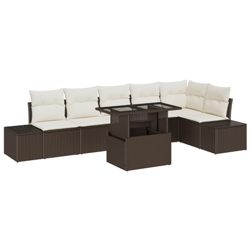 vidaXL 7-teiliges Garten Sofa Set mit Kissen Braun Poly Rattan Outdoor Sitz- und Essanordnung für 6 Personen mit Stauraumtisch Pe Modular Couch DREI-Sitzer Patio Möbel von vidaXL