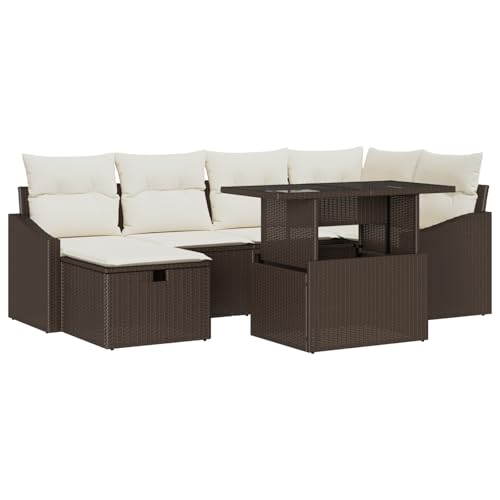 vidaXL 7-teiliges Garten-Sofa-Set mit Kissen aus braunem Poly-Rattan, bequemer Platz für 4 Personen, stylisches Terrassenmöbel mit Stauraum, ideal für Sommerabende auf Balkonen und Terrassen von vidaXL