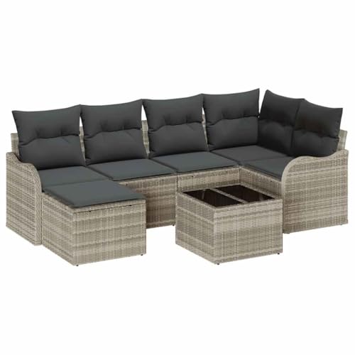 vidaXL 7-teiliges Garten-Sofa-Set mit Kissen Grau Poly-Rattan, 2-Sitzer Garten-Sofa mit Stauraum & Kissen Hellgrau Poly-Rattan von vidaXL