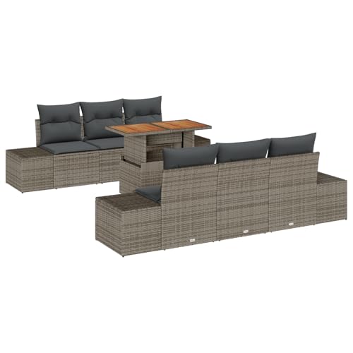 vidaXL 7-teiliges Garten-Sofa-Set mit Kissen Grau Poly Rattan und Akazienholz Tisch Outdoor Lounge Essmöbel für Terrasse Balkone Decks Sitzgelegenheiten Modular UV-beständig Rechteckig. von vidaXL