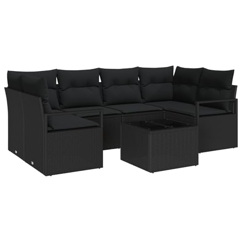 vidaXL 7-teiliges Garten-Sofa-Set mit Kissen Schwarz Poly-Rattan, 2-Sitzer Garten-Sofa mit Kissen Schwarz Poly-Rattan von vidaXL