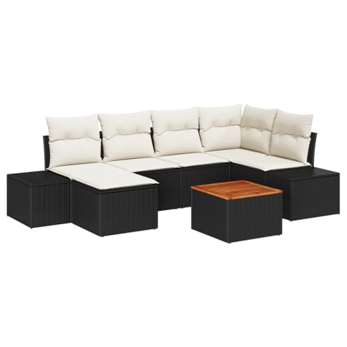 vidaXL 7-teiliges Garten Sofa Set mit Kissen Schwarz Poly Rattan Akazie | Robuster Outdoor Sitzplatz UV-beständig und wasserdicht | Stylische Patio Möbel | Perfekt für Balkonleben | Bequem von vidaXL