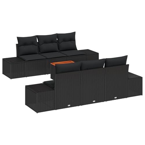 vidaXL 7-teiliges Garten-Sofa-Set mit Kissen Schwarz Poly-Rattan Akazie UV-beständig für den Außenbereich Tischmöbel Patio-Sitz Kaffeetisch Einzelstuhl von vidaXL
