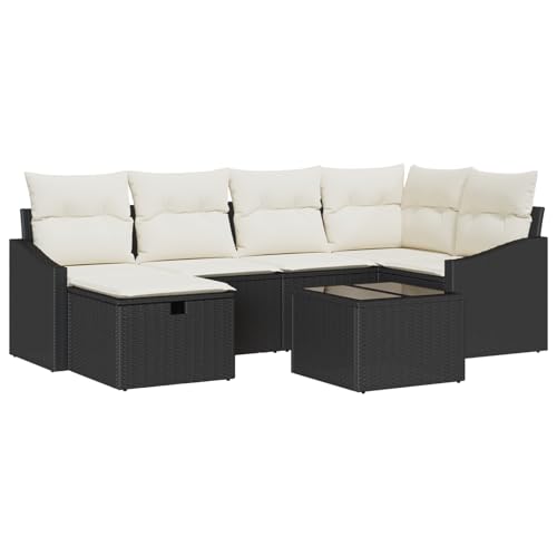 vidaXL 7-teiliges Garten-Sofa-Set mit Kissen in Creme und Schwarz, aus Poly-Rattan, mit Stauraum, modulare Sitzgelegenheit, Terassenmöbel, Couch, Liegesofas, Patio, Sommer von vidaXL