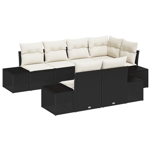 vidaXL 7-teiliges Garten-Sofa-Set mit Kissen Schwarz und Creme Poly-Rattan Modulare Outdoor-Sitzgelegenheiten Wasserfest UV-beständig Terrassenmöbel Schnittsofa Wetterfest Stylisch Bequem Lo von vidaXL