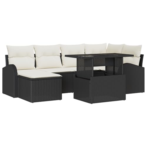 vidaXL 7-teiliges Garten-Sofa-Set mit Kissen Schwarz und Creme Poly-Rattan Outdoor-Sitzmöbel Verstellbarer Tisch Modulares Eckmöbel Sektionale Patio-Lounge-Sessel von vidaXL