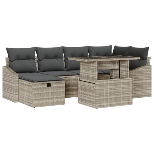 vidaXL 7-teiliges Gartensofa-Set mit Kissen aus hellgrauem Poly-Rattan für draußen. Bequeme Sitzmöbel, ideal für Terrasse und Balkon im Sommer. von vidaXL