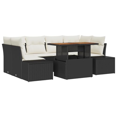 vidaXL 7-teiliges Garten-Sofaset mit Kissen Stauraumfunktion Rechteckige Außenmöbel Schwarz Poly-Rattan-Ecksofa Terrassensessel Esstisch Modular Couch von vidaXL