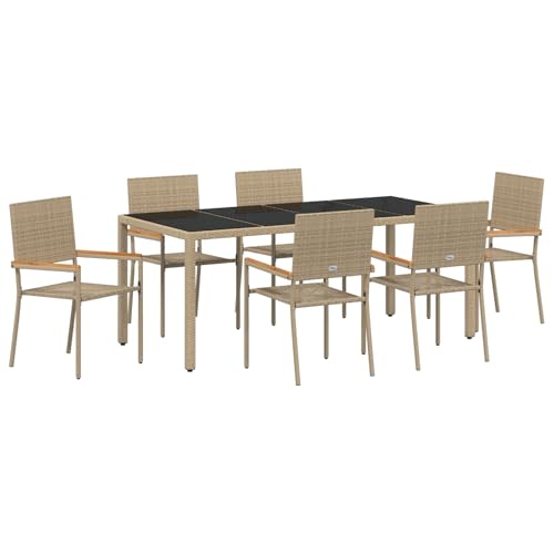 vidaXL 7-teiliges Gartenset in Beige aus Poly Rattan, mit Kissen. Rechteckiger Tisch und sechs Stühle – Moderne Gartenmöbel für Deine Terrasse oder den Balkon. von vidaXL