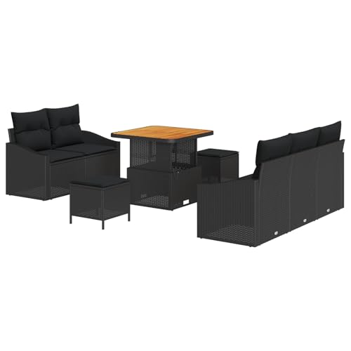 vidaXL 8-Teiliges Garten Sofa Set mit Kissen Schwarz Poly Rattan Akazie, 2-Sitzer Garten Sofa mit Stauraum & Kissen Schwarz Poly Rattan von vidaXL