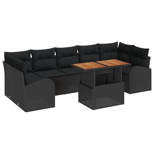 vidaXL 8-teiliges Garten Essgruppe mit Kissen Schwarz Poly Rattan Akazie Außenbestuhlung Modernes Design Modulare Anordnung Langlebiger Stahlrahmen Tisch Couch Möbel Sofa Patio Ecke von vidaXL