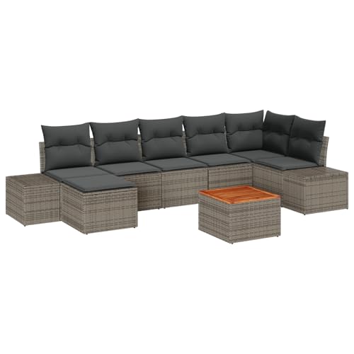 vidaXL 8-teiliges Garten Sofa Set Grau Schwarz Poly Rattan Akazie Outdoor Sitzmöbel Kissen Modulare Couch Sektionales Möbel für Patio Tisch Cube Hocker mit Kissen von vidaXL