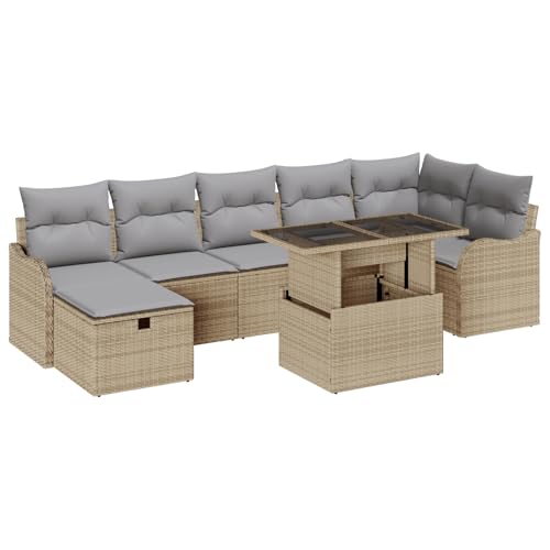 vidaXL 8-teiliges Garten-Sofa-Set mit Kissen Beige Poly-Rattan, 2-Sitzer Garten-Sofa mit Stauraum & Kissen Beige Poly-Rattan von vidaXL
