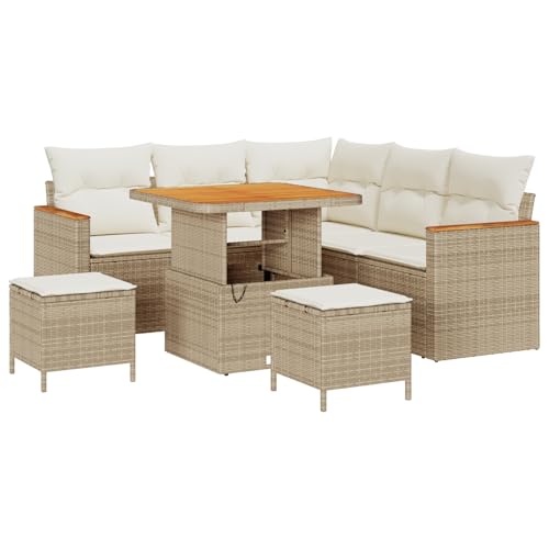 vidaXL 8-teiliges Garten-Sofa-Set mit Kissen in Beige, aus Poly-Rattan und Akazienholz, Gartentisch, Möbel für die Terrasse, Sitzgelegenheit, modulare Lounge für Entspannung im Patio. von vidaXL