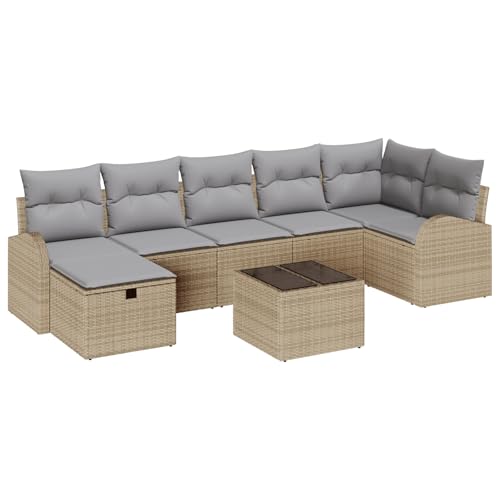 vidaXL 8-teiliges Garten-Sofa-Set mit Kissen Beige Poly-Rattan Modernes Outdoor-Sitzmöbel mit Stauraum für Terrasse, Balkon oder Ecksofa graue Möbel modulare Couch Tisch von vidaXL