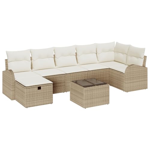 vidaXL 8-teiliges Garten-Sofa-Set mit Kissen Beige Poly Rattan modernes Outdoor-Sitzmöbel Stauraum für Terrasse Balkon oder Ecksofa von vidaXL