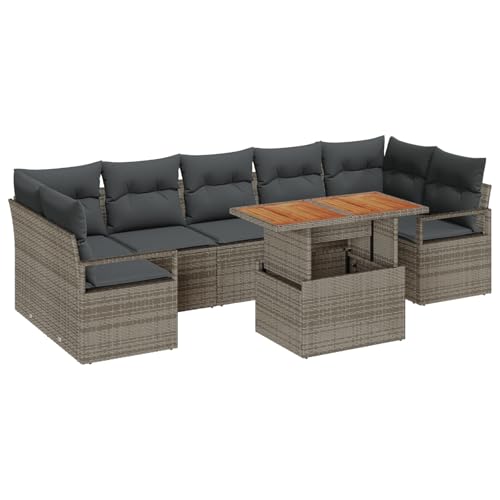 vidaXL 8-teiliges Garten-Sofa-Set mit Kissen Grau Poly-Rattan Akazie, 2-Sitzer Garten-Sofa mit Kissen Grau Poly-Rattan von vidaXL
