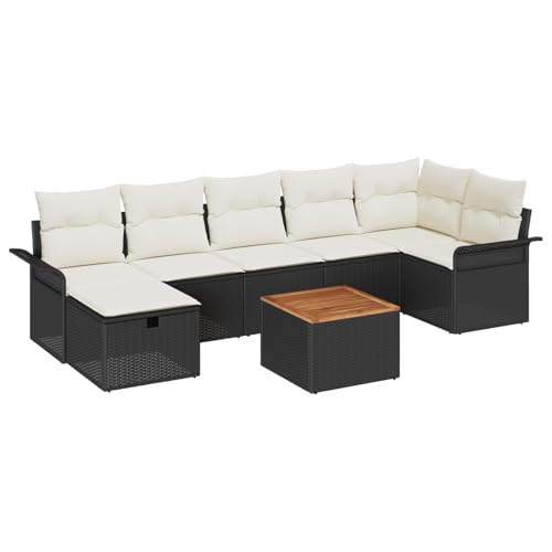 vidaXL 8-teiliges Garten Sofa Set mit Kissen Modulares Outdoor-Sitzen Rattan Rahmen Holz Tisch Schwarz und Beige Perfekt für Frühling Sommer Nutzung Terrassenmöbel 4 Sitzer Lounge Garten von vidaXL