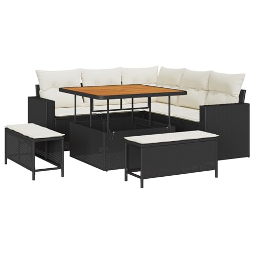 vidaXL 8-teiliges Garten-Sofa-Set mit Kissen Schwarz Poly-Rattan Akazie, 3-teiliges Garten-Dining-Set mit Kissen Schwarz Poly-Rattan Akazie von vidaXL