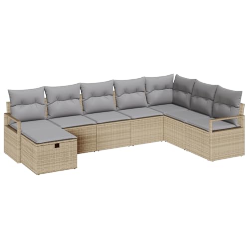 vidaXL 4-teiliges modulares Gartensofa-Set mit Kissen in Beige aus Poly Rattan | Modernes, wetterfestes Ecksofa für den Essbereich mit rechteckigem Tisch und geflochtenem Stuhl von vidaXL