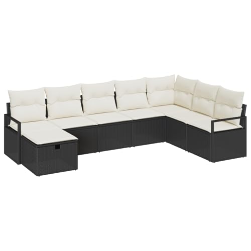 vidaXL 4-teiliges modulares Outdoor-Sofa-Set mit Kissen in Schwarz und Cremeweiß | modernes wetterfestes Ecksofa für den Garten, Platz für 6 Personen, mit rechteckigem Rattan-Esstisch von vidaXL