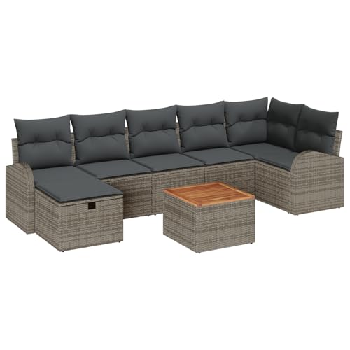 vidaXL 8-teiliges Gartensofa Set mit Kissen Grau Poly Rattan Outdoor Sitzgelegenheiten für 7 Wetterbeständig und stylisch Patio oder Balkon einschließlich Stauraum Möbel 4-Sitzer Kaffeetisch von vidaXL