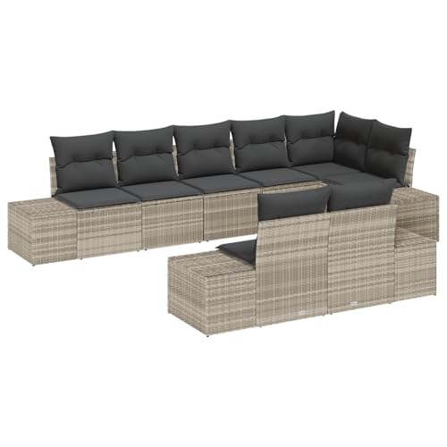 vidaXL 8-teiliges Outdoor-Sofa-Set Hellgrau mit Kissen Rattan Sectional Modular Patio Möbel Garten Ecksofa DREI-Sitzer mit Kissen Loungetisch von vidaXL