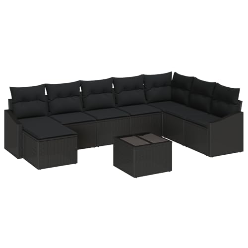 vidaXL 9-TLG. Garten-Sofa-Set mit Kissen Schwarz Poly-Rattan Modulares Outdoor-Sitzmöbel Bequeme Terrassenmöbel Sektionales Couch-Lounge-Stuhl von vidaXL