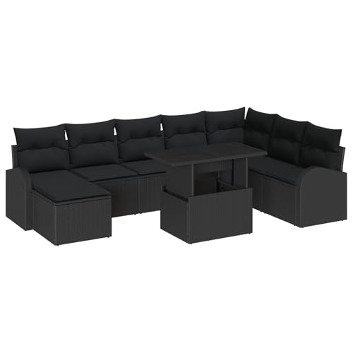 vidaXL 9-teiliges Garten-Sofa-Set mit Kissen aus schwarzem Poly-Rattan. Modulare Möbel für Terrasse und Balkon, ideal für Entspannung und gesellige Abende im Freien. von vidaXL