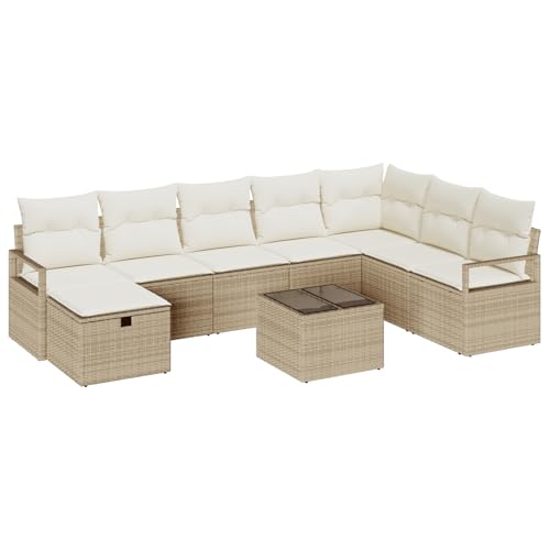 vidaXL 5-teiliges modulares Outdoor-Sofa-Set mit Kissen in Beige aus Poly Rattan | Wetterfestes, bequemes modernes Ecksofa für den Garten mit rechteckigem Tisch und geflochtenem Stuhl von vidaXL