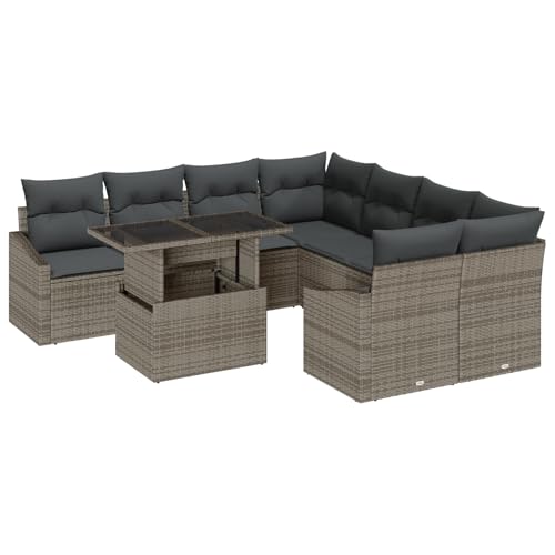 vidaXL 9 Teiliges Garten Sofa Set mit Kissen Grau Poly Rattan Sitzbereich für den Außenbereich Enthalten 2 Ecksitze 4 zentrale Armsofas und Tisch mit Glasplatte Vier-Sitzer Möbelstuhl modulare Couch. vidaXL 9 Teiliges Garten Sofa Set mit Kissen Grau Poly Rattan Sitzbereich für den Außenbereich Enthalten 2 Ecksitze 4 zentrale Armsofas und Tisch mit Glasplatte Vier-Sitzer Möbelstuhl modulare Couch. von vidaXL