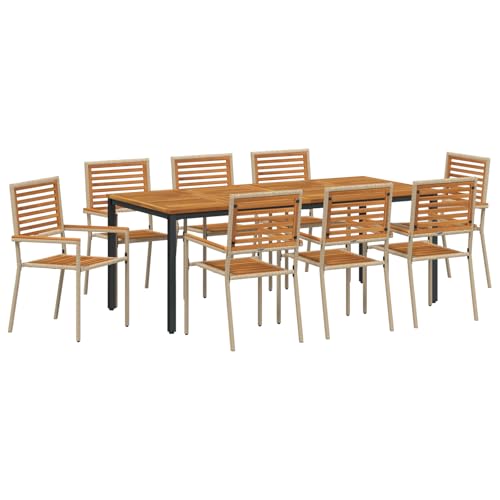 vidaXL 9-teiliges Garten Essset Beige Poly-Rattan Akazie, Stapelbare Gartenstühle mit Kissen - Set von 2 in Beige Poly-Rattan, Gartentisch 200x90x75 cm aus massivem Akazienholz und Metall von vidaXL