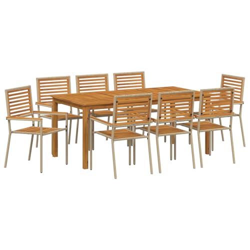 vidaXL 9-teiliges Garten-Essset mit Kissen, rechteckiger Tisch und 8 stapelbaren Stühlen, natürliche Holzoptik, beiges Gartenmöbel für Terrasse und Garten, modernes Lounge-Set von vidaXL