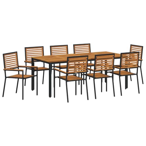 vidaXL 9-teiliges Garten Essset Schwarz Poly Rattan Akazie, stapelbare Gartenstühle mit Kissen 2 Stück Schwarz Poly Rattan, Gartentisch 200x90x75 cm aus massivem Akazienholz und Metall von vidaXL