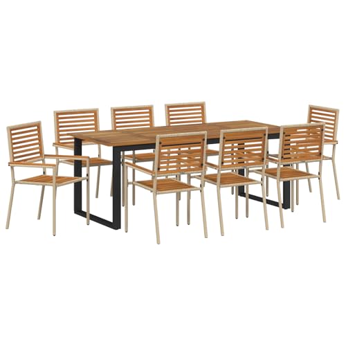 vidaXL 9-teiliges Garten Esstischset Beige Poly Rattan Akazie, Stapelbare Gartenstühle mit Kissen - Set aus 2 in Beige Poly Rattan von vidaXL