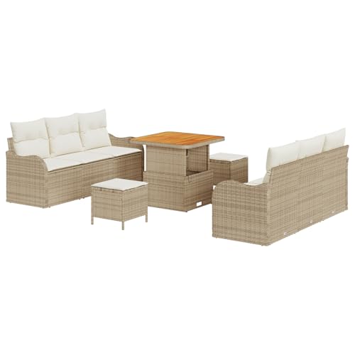 vidaXL 9-teiliges Garten-Sofa-Set mit Kissen, beige Poly Rattan Akazie, 2-Sitzer Garten-Sofa mit Kissen, beige Poly Rattan, 3-teiliges Garten-Essbereich-Set mit Kissen, beige Poly Rattan Akazie von vidaXL