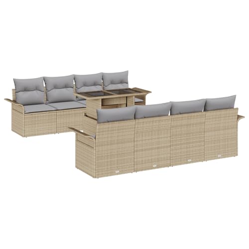 vidaXL 9-teiliges Garten Sofa Set mit Kissen Beige Poly Rattan, 2-Sitzer Garten Sofa mit Stauraum & Kissen Beige Poly Rattan von vidaXL