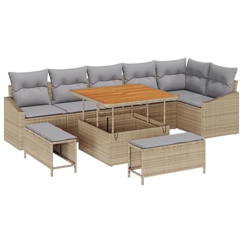 vidaXL 9-teiliges Garten Sofa Set mit Kissen Beige Poly Rattan Akazie, 2-Sitzer Garten Sofa mit Kissen Beige Poly Rattan von vidaXL