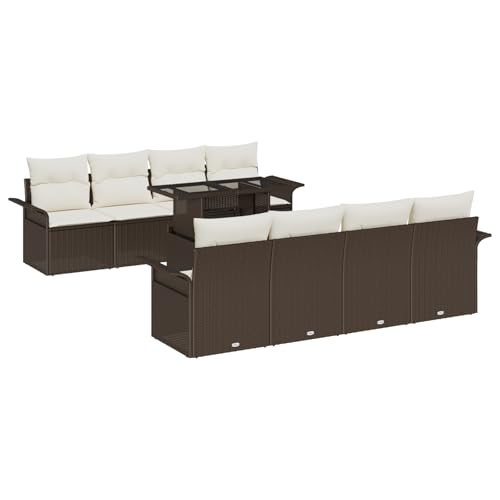 vidaXL 9-teiliges Garten Sofa Set mit Kissen Braunes Poly Rattan, 2-Sitzer Garten Sofa mit Stauraum & Kissen Braunes Poly Rattan von vidaXL