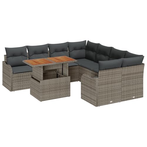 vidaXL 9-teiliges Garten-Sofa-Set mit Kissen Grau Poly Rattan Akazie, 2-Sitzer Garten-Sofa mit Kissen Grau Poly Rattan von vidaXL