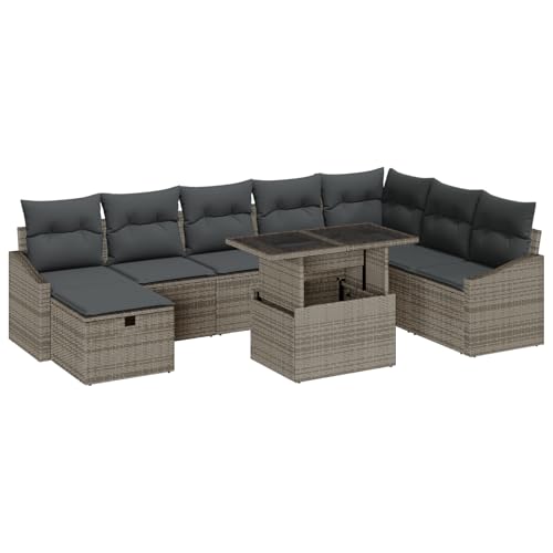 vidaXL 9-teiliges Garten-Sofa-Set mit Kissen Grau Poly Rattan Modernes Outdoor-Sitzmöbel Modulares Möbel für Terrasse und Balkon von vidaXL