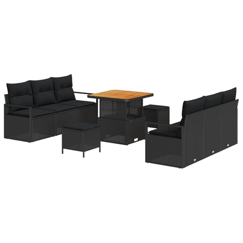 vidaXL 9-teiliges Garten-Sofa-Set mit Kissen Schwarz Poly Rattan Akazie, 2-Sitzer Garten-Sofa mit Stauraum & Kissen Schwarz Poly Rattan, 3-teiliges Garten-ESS-Set mit Kissen Schwarz Poly Rattan Akaz von vidaXL