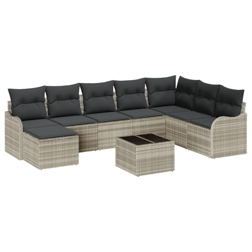 vidaXL 9-teiliges Garten-Sofa-Set mit Kissen in Grau Poly Rattan, 2-Sitzer Garten-Sofa mit Kissen Hellgrau Poly Rattan von vidaXL