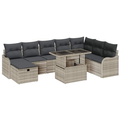 vidaXL 9-teiliges Gartensofa-Set mit hellgrauen Kissen, aus Poly Rattan, modulares Design. Perfekte Gartenmöbel zum Entspannen, Sitzplätze für Patio, Terrasse, Stühle und eine gemütliche Gartenlounge. von vidaXL
