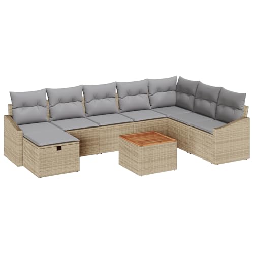 vidaXL 9-teiliges Outdoor Modulares Sofa Set mit Kissen Beigem Rattan Sitzplatz für 5 UV-geschützter Stoff Stylisches Gartenmöbel Balkon und Patio Nutzung Eckcouch Kissen Sektionale Hocker von vidaXL