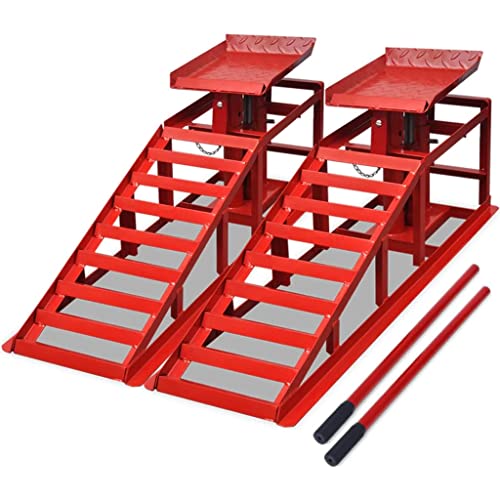 vidaXL Auffahrrampe 2 STK., Auto PKW Rampe mit Hydraulischer Wagenheber Höhenverstellbar, Hebebühne KFZ Rampe Auffahrbock, Laderampe Set Hebeplattform 2T, Rot Stahl von vidaXL