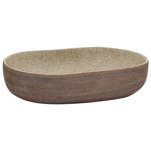 vidaXL Aufsatzwaschbecken, Oval Waschbecken mit Muster, Handgefertigt Waschtisch Waschschale für Badezimmer, Handwaschbecken Spülbecken, Sandfarben Braun 59x40x14 cm Keramik von vidaXL