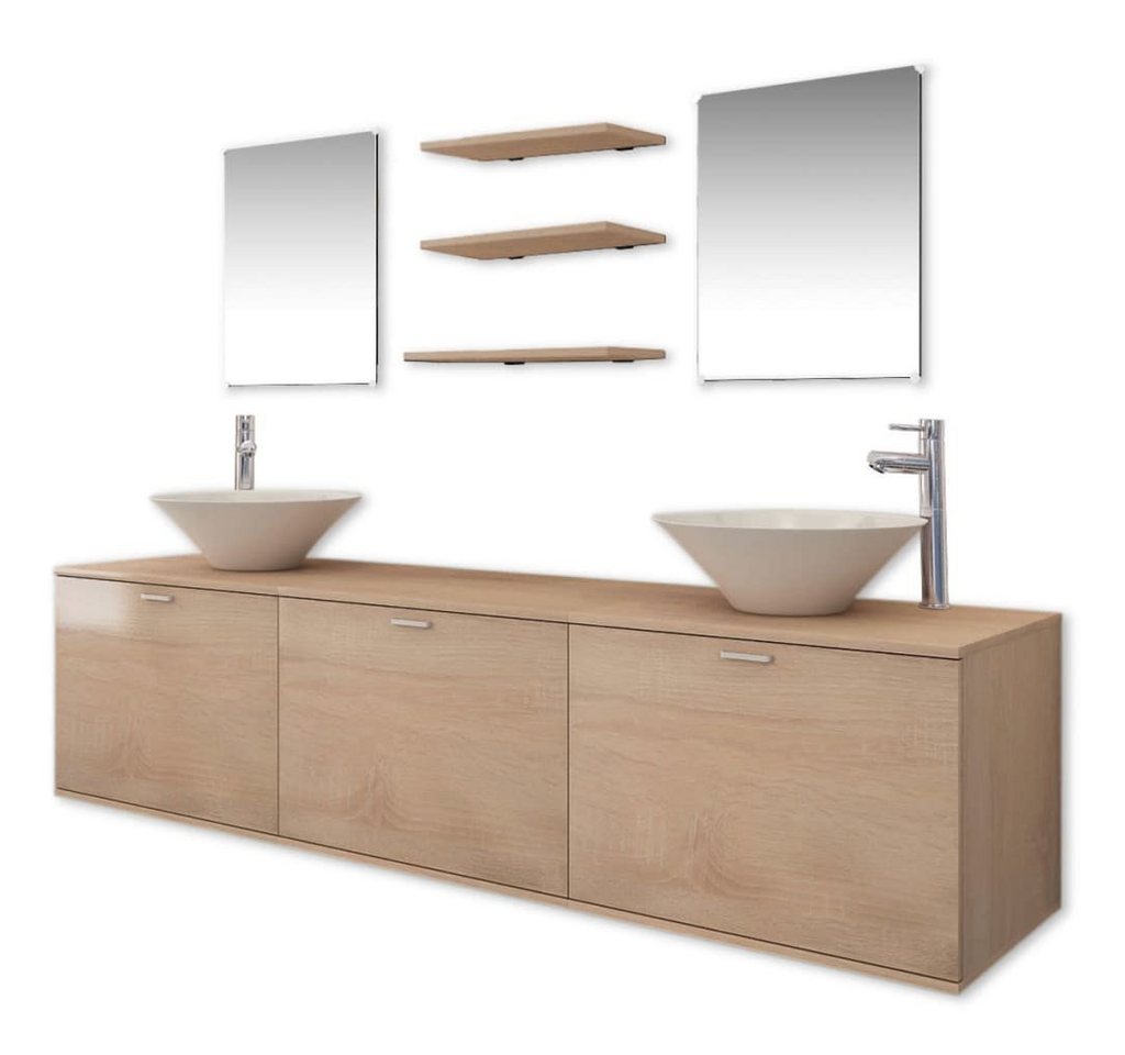 vidaXL Badezimmer-Set 10-tlg. Badmöbel-Set mit Waschbecken und Wasserhahn Beige, (1-St) von vidaXL